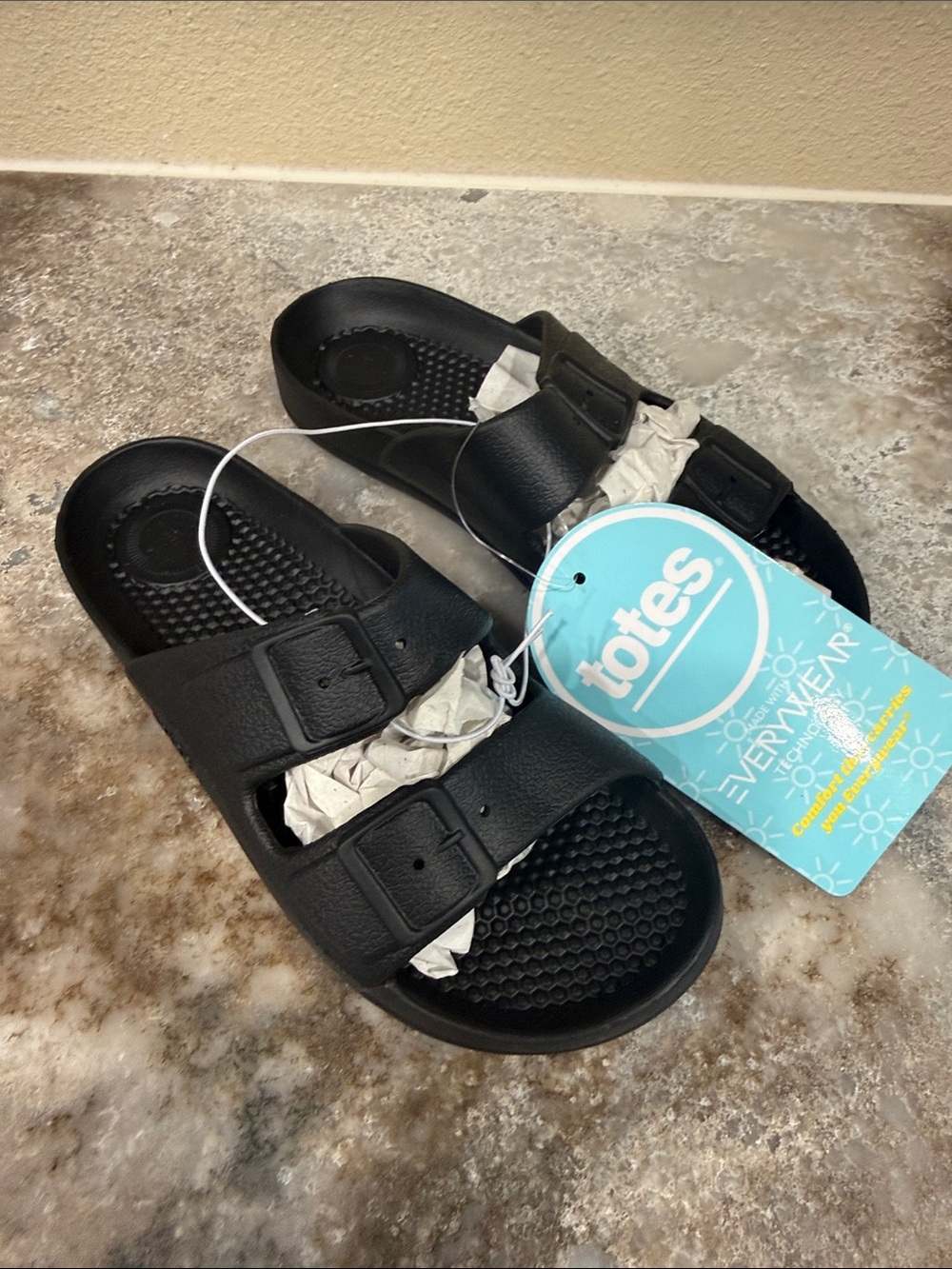 totes Kids Black Double-Buckle Slide Sandals with Textured Footbed